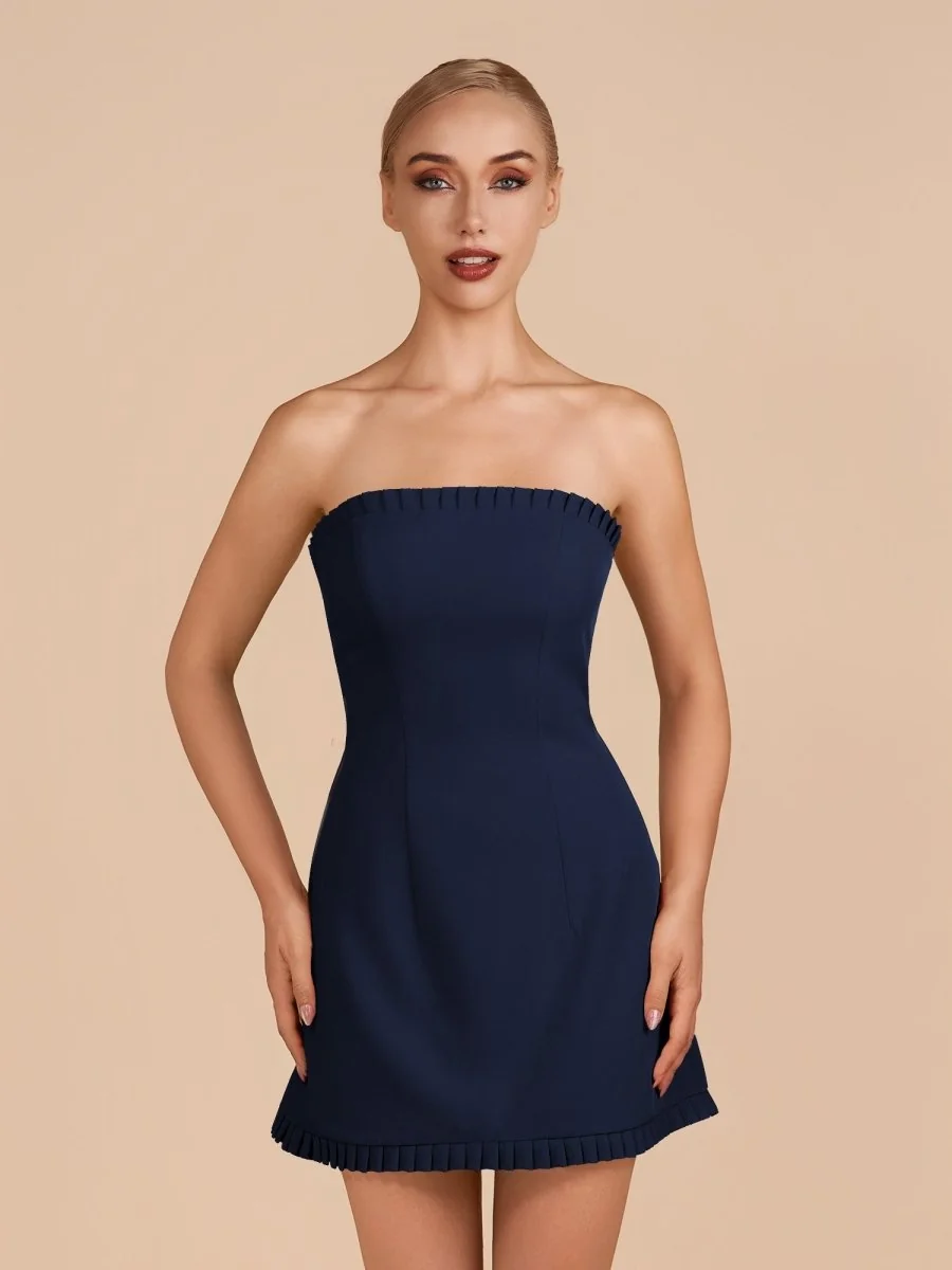 Strapless A-Line Ruffles Short Navy Blue Homecoming Dress