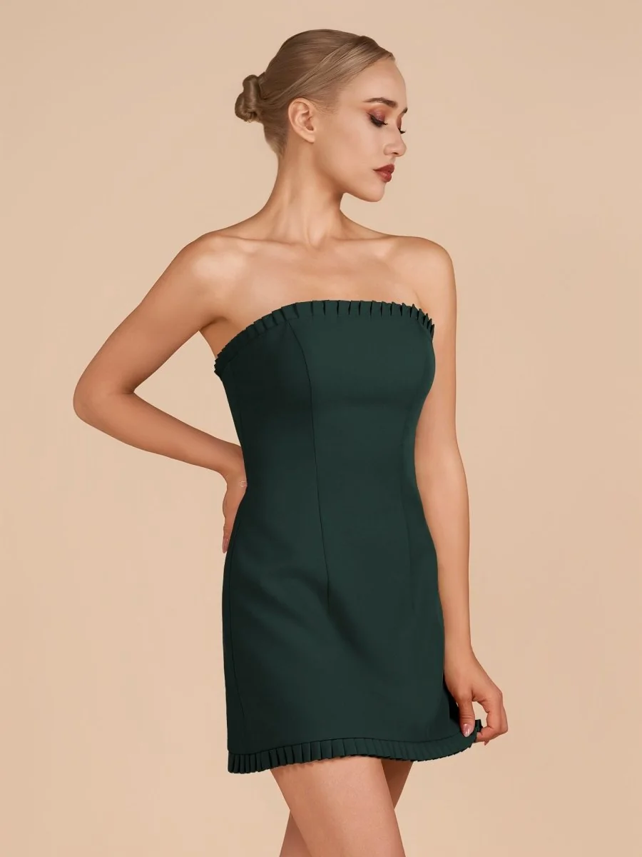 Dark Green Satin A-Line Homecoming Dress - Strapless Ruffles