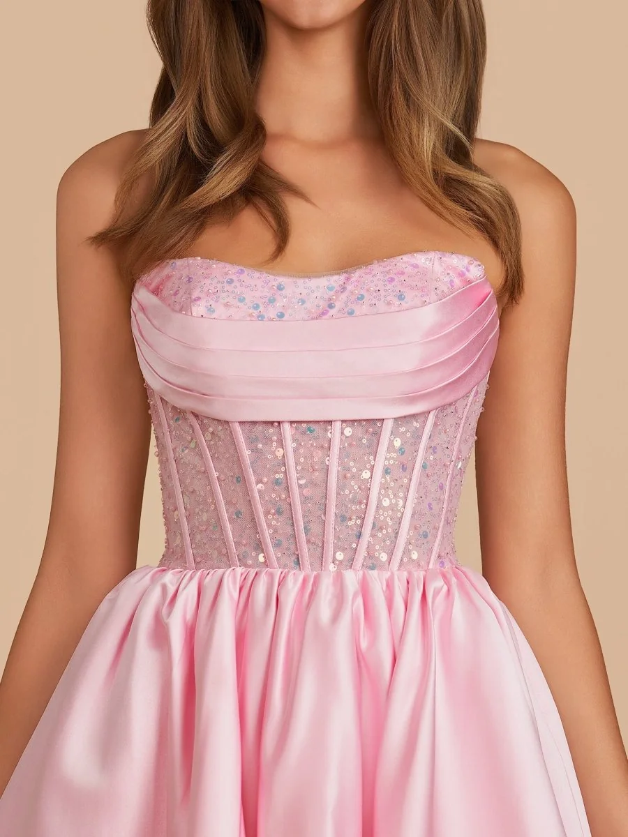 Pink Satin Strapless A-Line Homecoming Dress with Sequin Detail