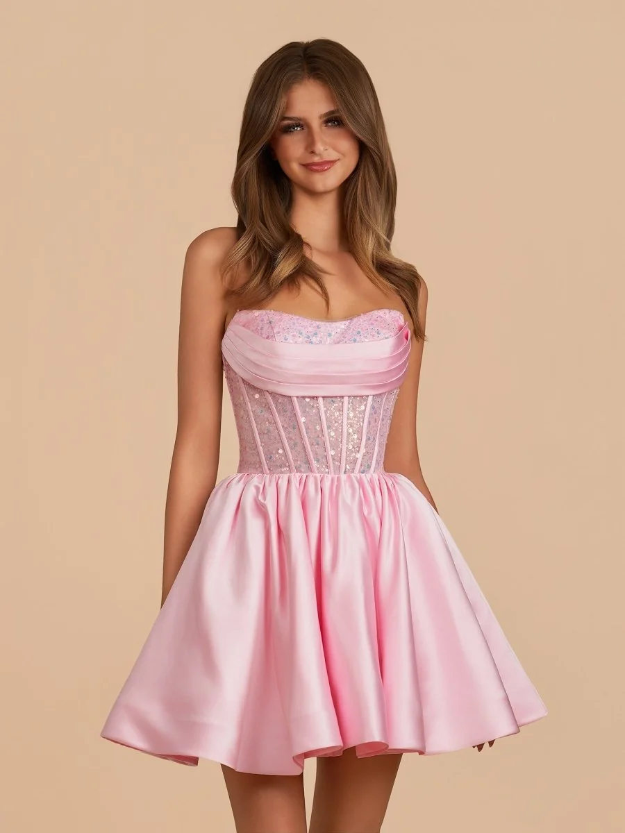 Pink Satin Strapless A-Line Homecoming Dress with Sequin Detail