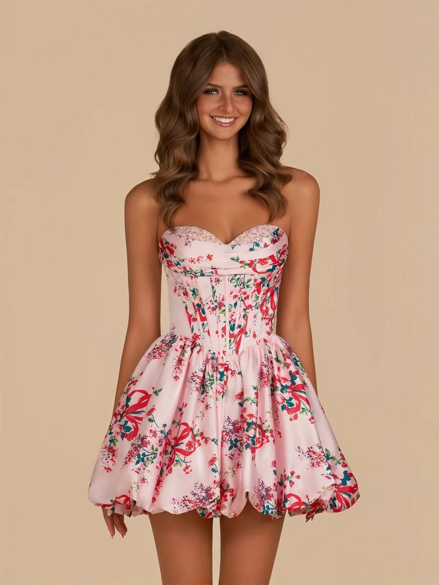 Pink Sweetheart Satin Bubble Hem Homecoming Dress with Sequins
