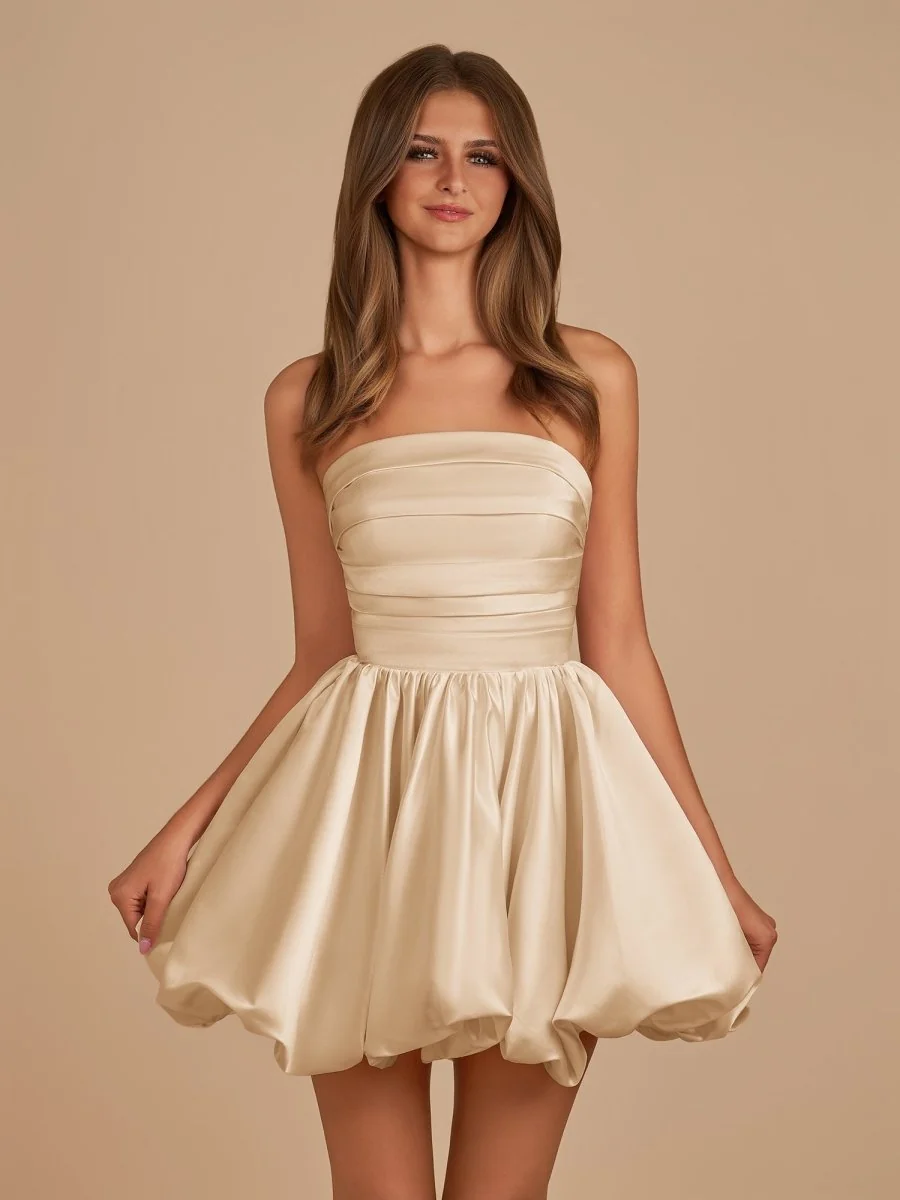 Champagne Satin A-Line Bubble Hem Short Homecoming Dress