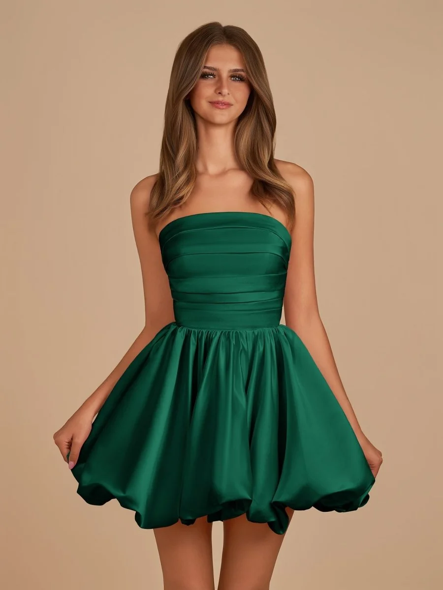 Dark Green Satin A-Line Bubble Hem Short Homecoming Dress
