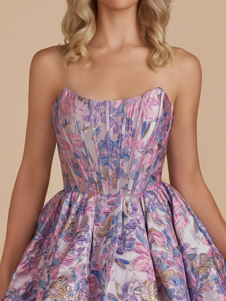 Purple Brocade A-Line Strapless Corset Homecoming Dress with Bubble Hem