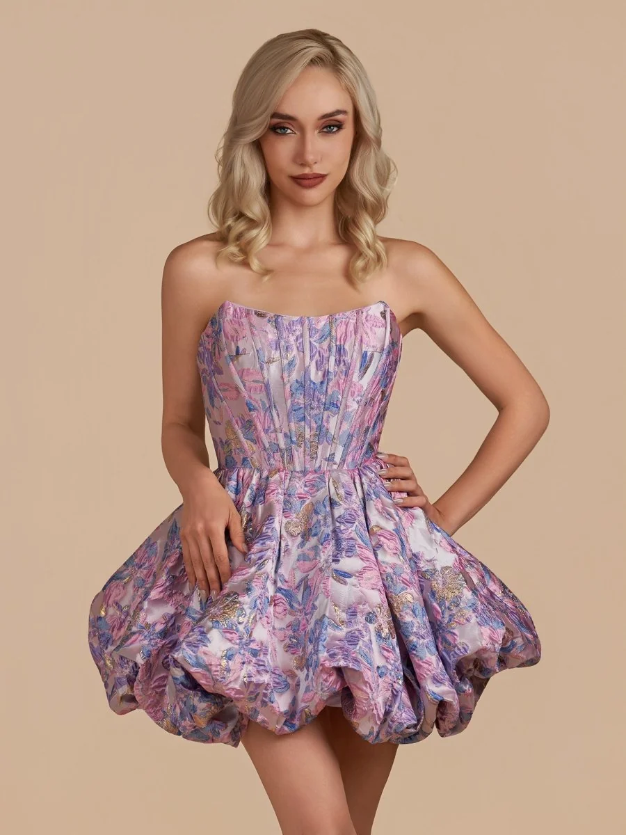 Purple Brocade A-Line Strapless Corset Homecoming Dress with Bubble Hem