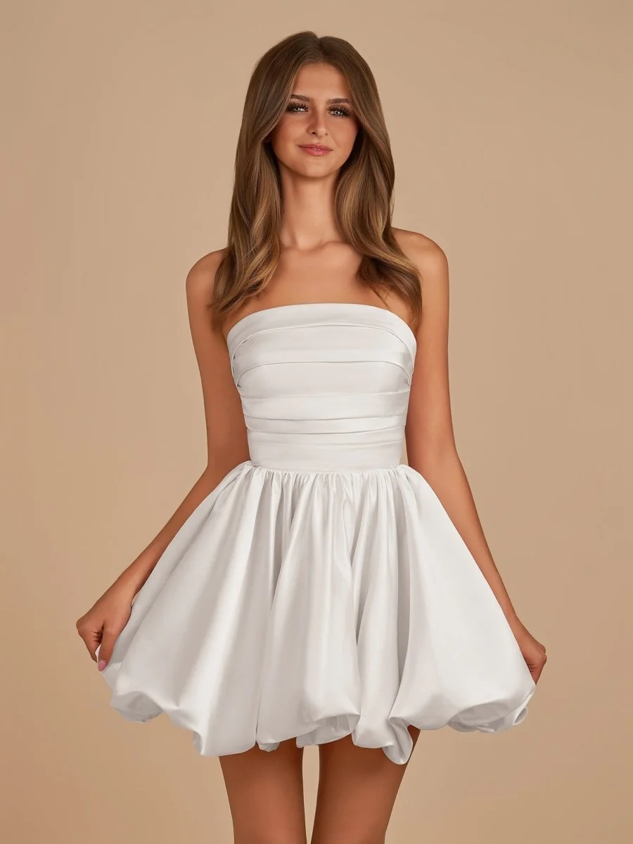 Satin Bubble Hem Short White A-Line Strapless Dress