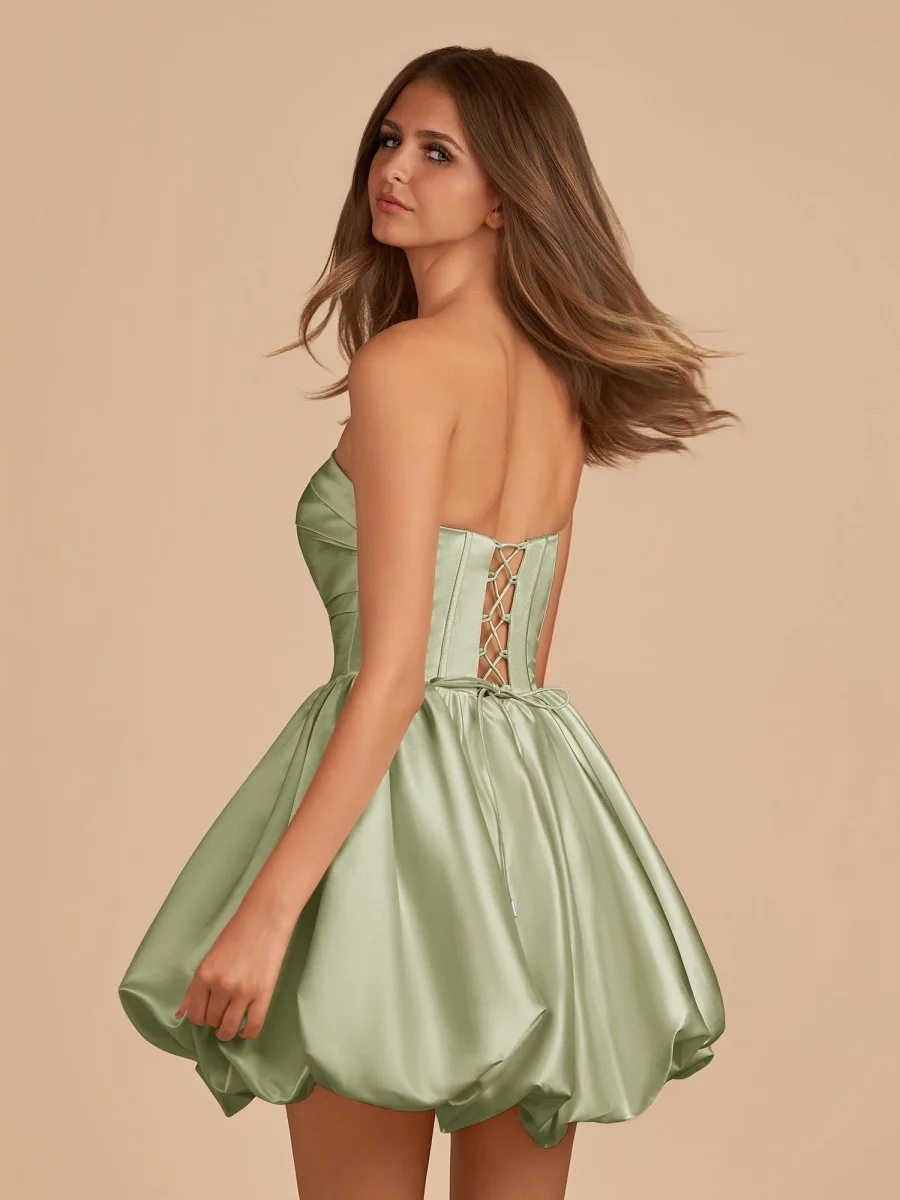 Sage A-Line Strapless Satin Bubble Hem Short Homecoming Dress