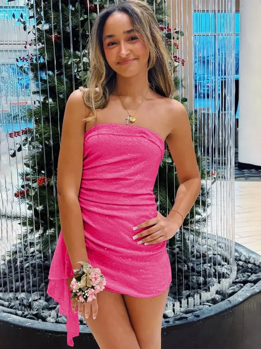 Hot Pink Sequins Strapless Sheath Mini Homecoming Dress with Side Train