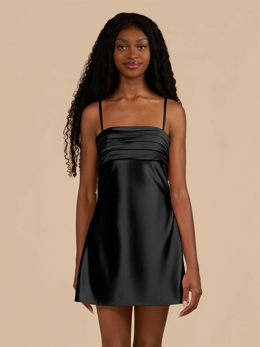 Black Satin Sheath Spaghetti Straps Homecoming Dress