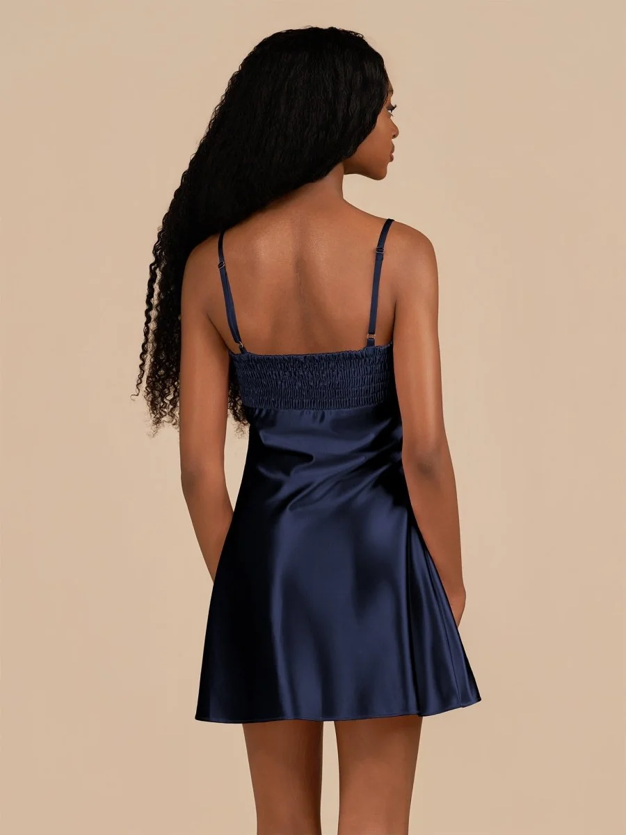 Navy Blue Satin Sheath Spaghetti Straps Homecoming Dress