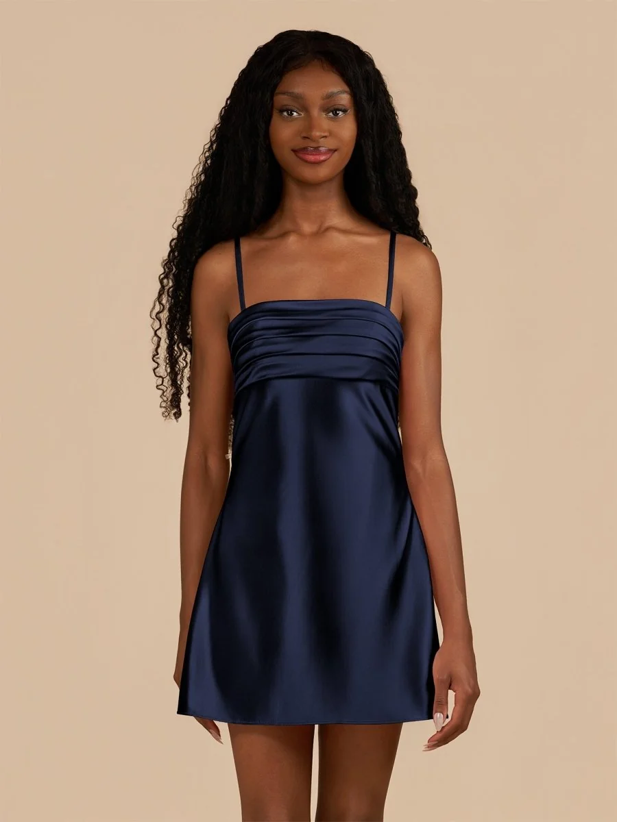 Navy Blue Satin Sheath Spaghetti Straps Homecoming Dress