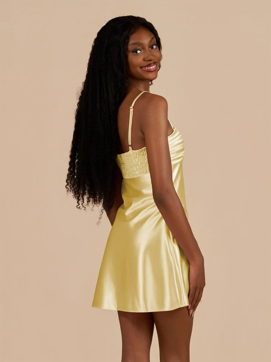 Satin Yellow Sheath Spaghetti Straps Homecoming Dress
