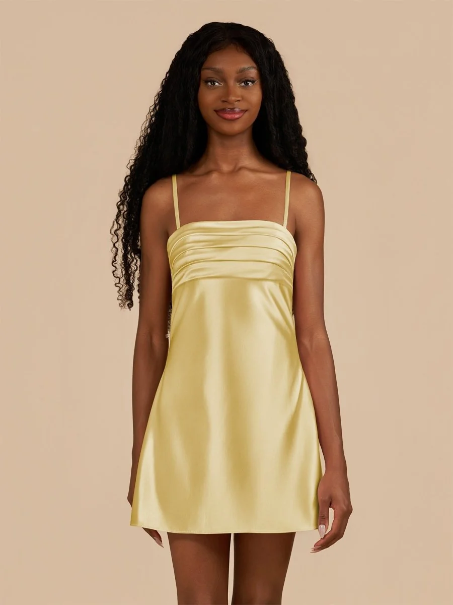 Satin Yellow Sheath Spaghetti Straps Homecoming Dress