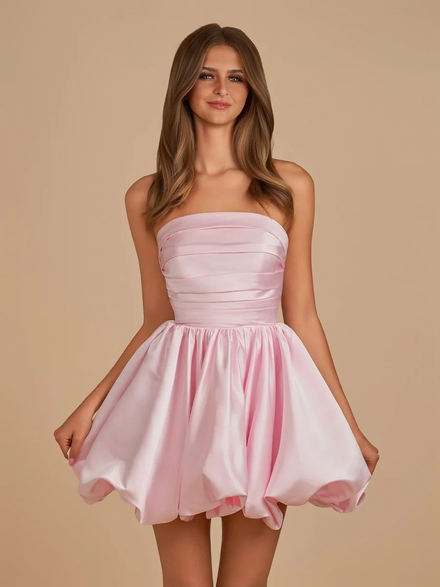 Pink Strapless Satin A-Line Bubble Hem Homecoming Dress