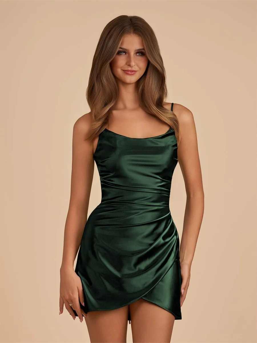Dark Green Satin Lace-Up Back Short Homecoming Dress