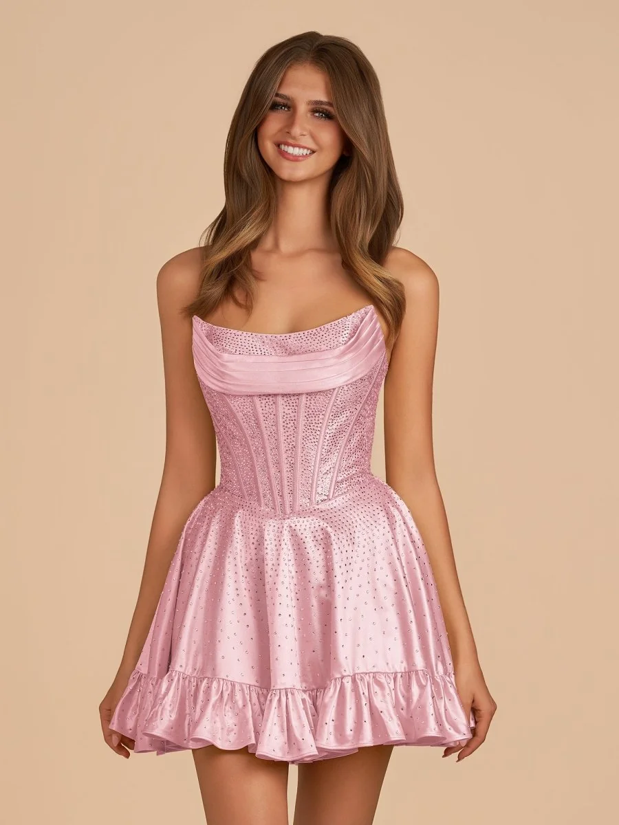 Pink Satin A-Line Scoop Neck Corset Homecoming Dress with Ruffles