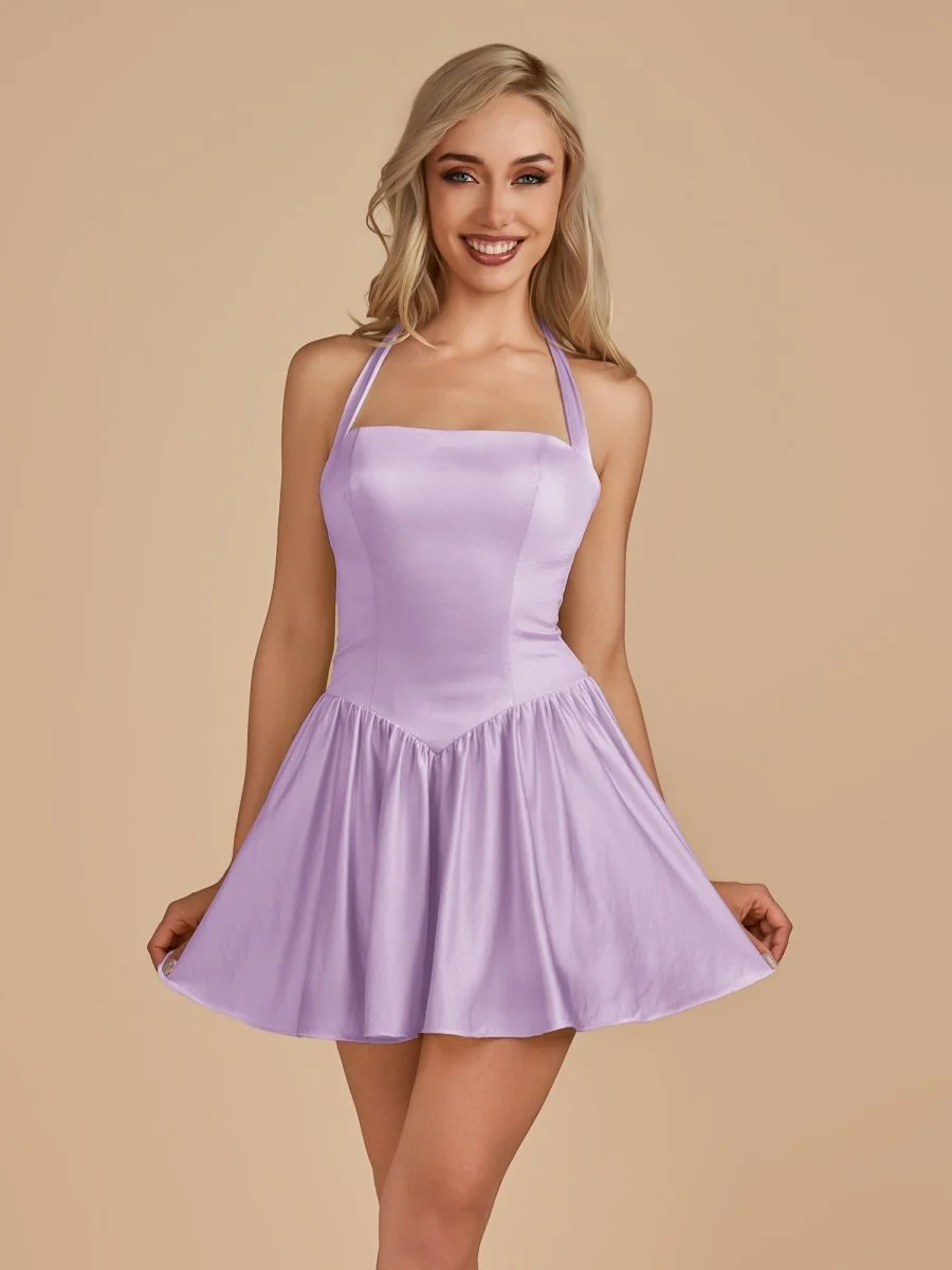 Lilac Halter A-Line Satin Short Homecoming Dress