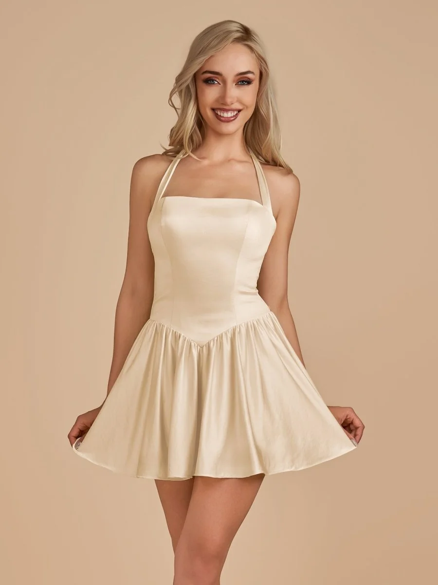 Champagne Halter A-Line Satin Homecoming Dress