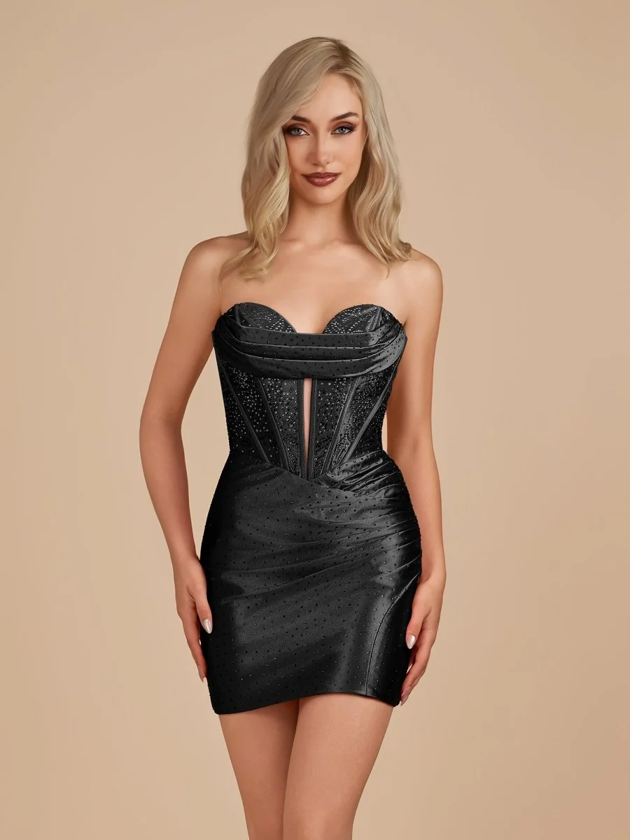 Strapless Satin Homecoming Dress with Beading in Black