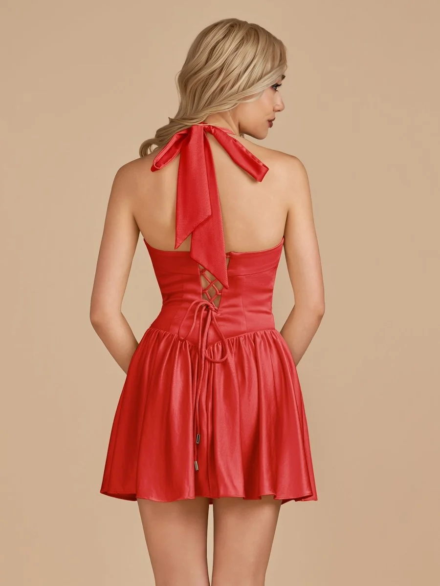 Flattering Red Satin Halter A-Line Homecoming Dress
