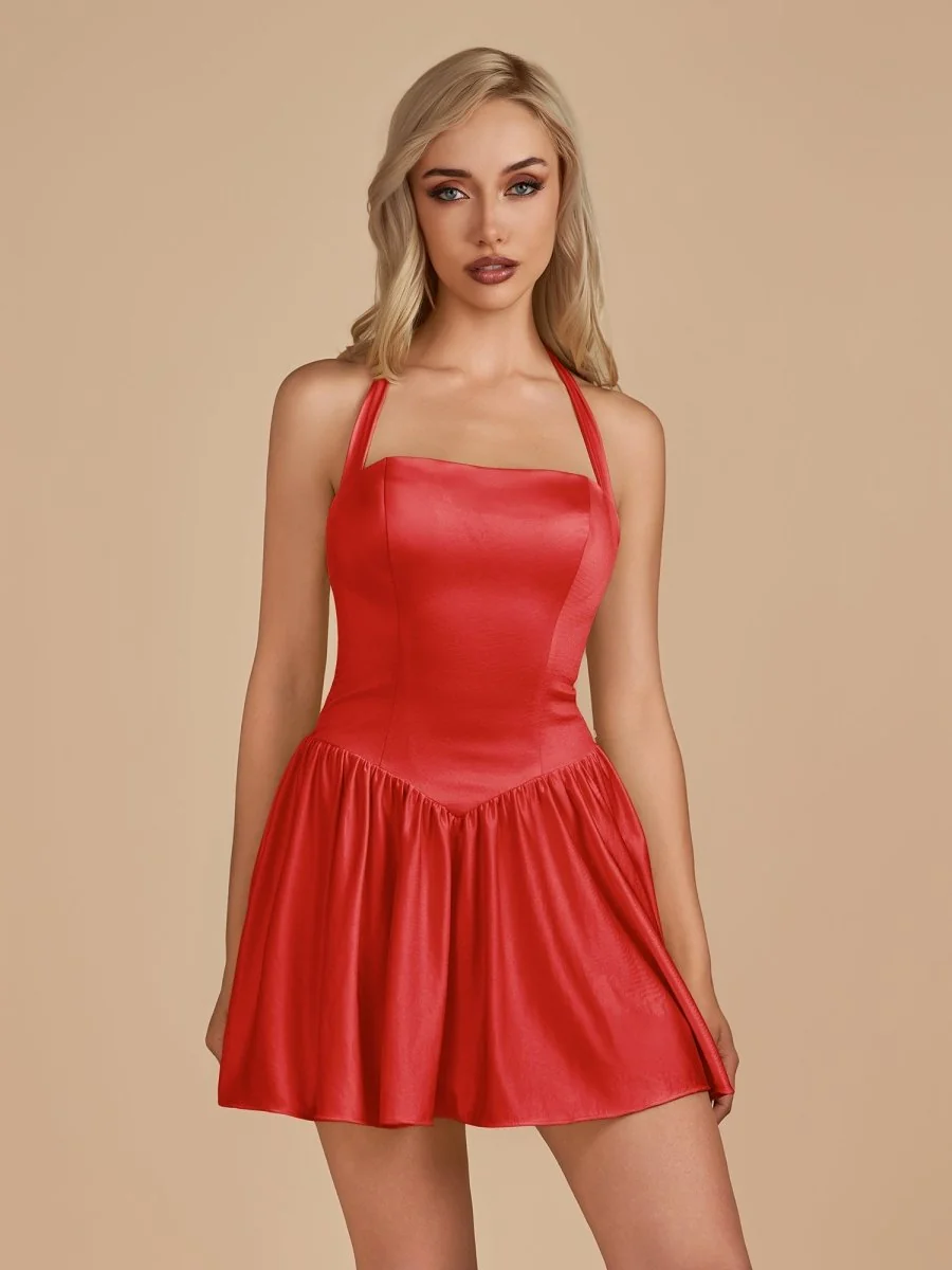 Flattering Red Satin Halter A-Line Homecoming Dress