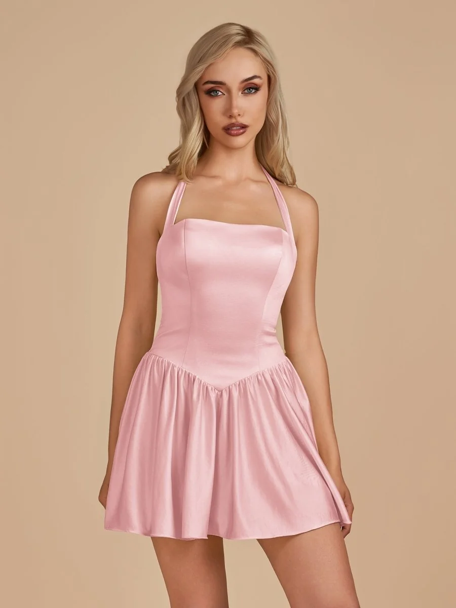 Pink Satin Halter A-Line Short Homecoming Dress