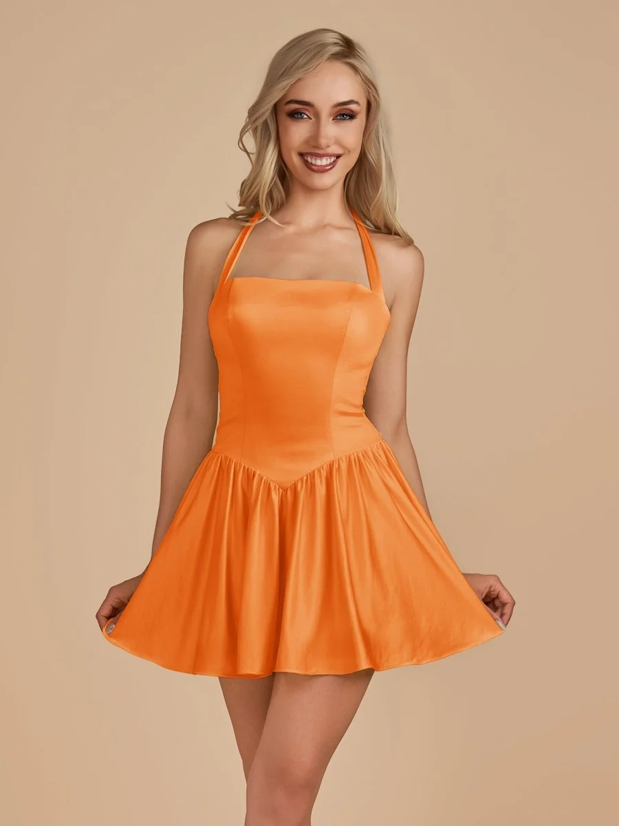 Orange Halter A-Line Satin Homecoming Dress