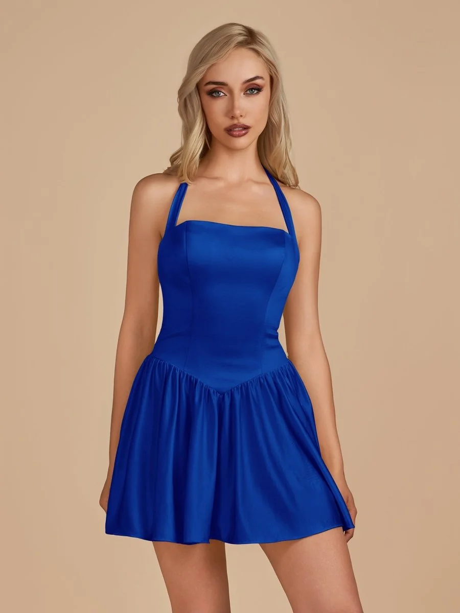 Royal Blue Satin Halter A-Line Short Homecoming Dress