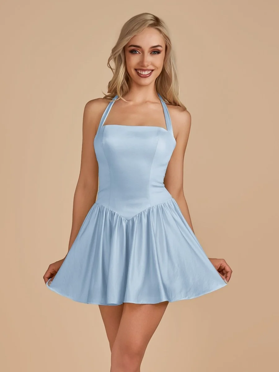 Sky Blue Halter A-Line Satin Homecoming Dress