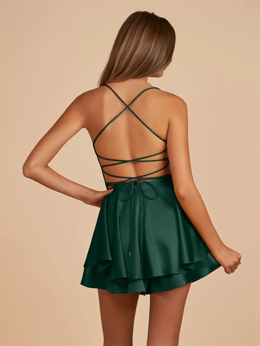Dark Green Satin A-Line Cowl Neck Homecoming Mini Dress