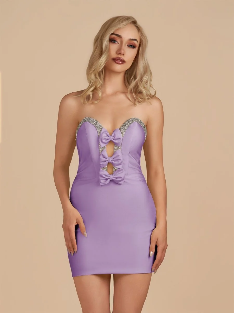Lilac Strapless Cut Out Beaded Satin Homecoming Dress