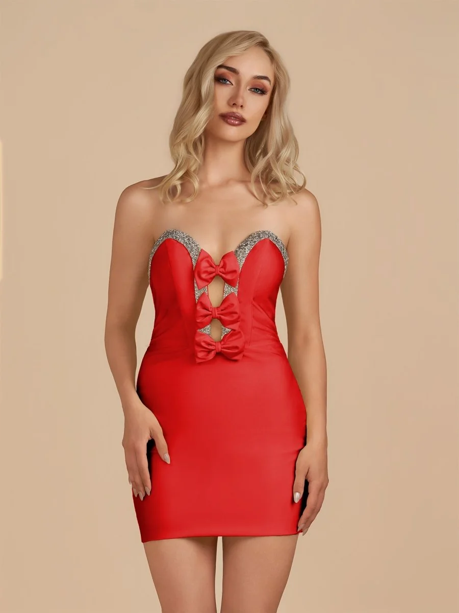 Red Satin Bodycon Strapless Homecoming Dress with Beading and Bows