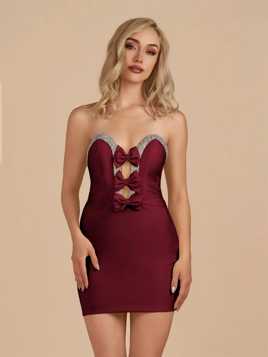 Burgundy Satin Beaded Strapless Cut Out Homecoming Dress