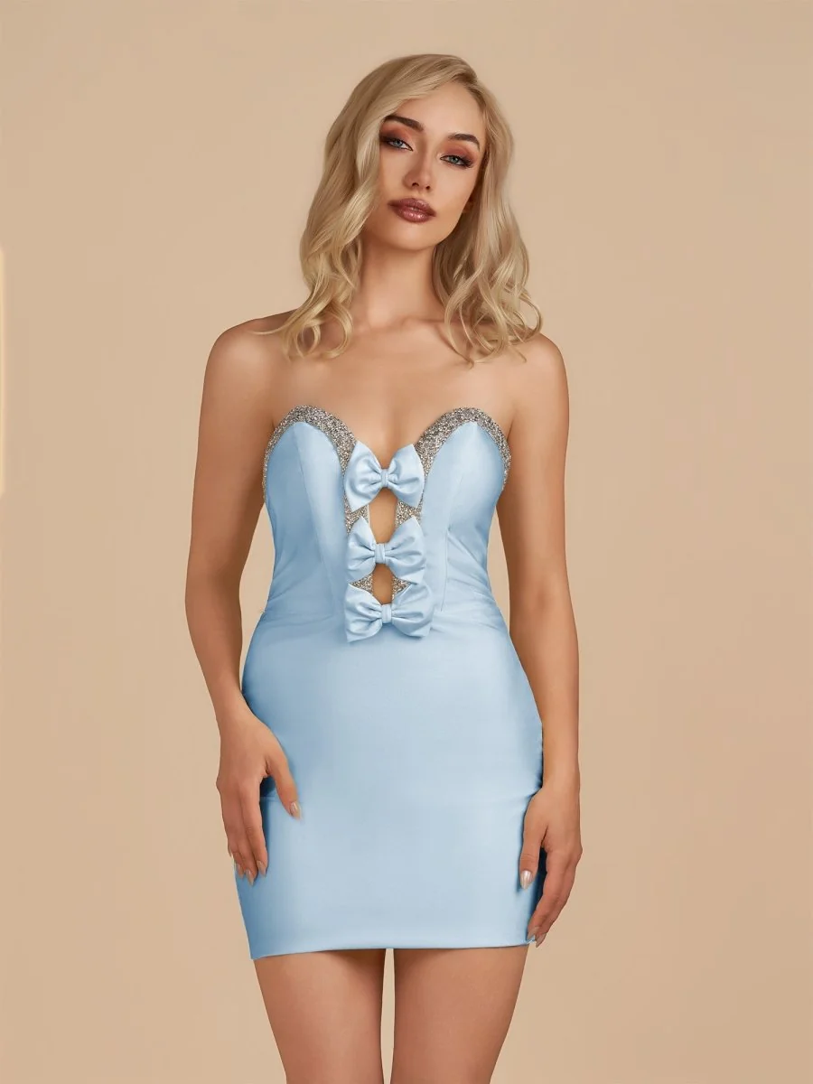 Sky Blue Strapless Satin Beaded Homecoming Dress with Bows