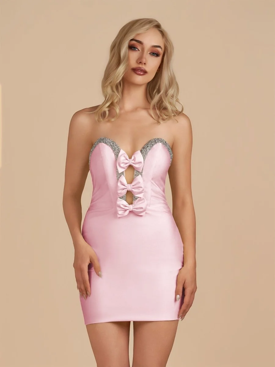 Pink Strapless Cut Out Satin Beaded Homecoming Dress
