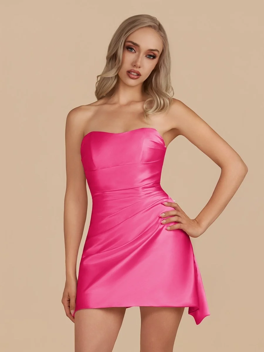 Strapless Satin Sheath Homecoming Dress - Fuchsia Irregular Hem