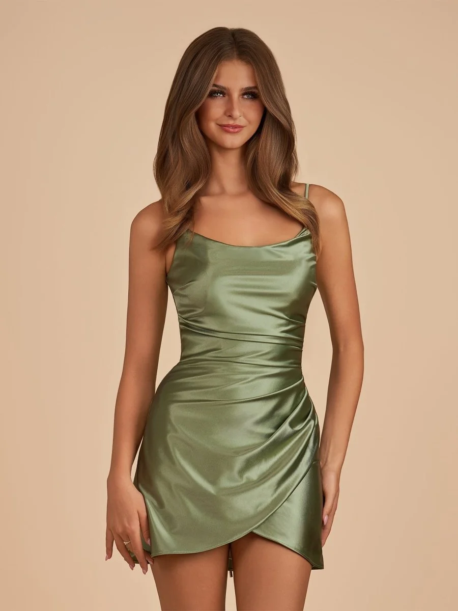 Olive Satin Sheath Short Homecoming Dress
