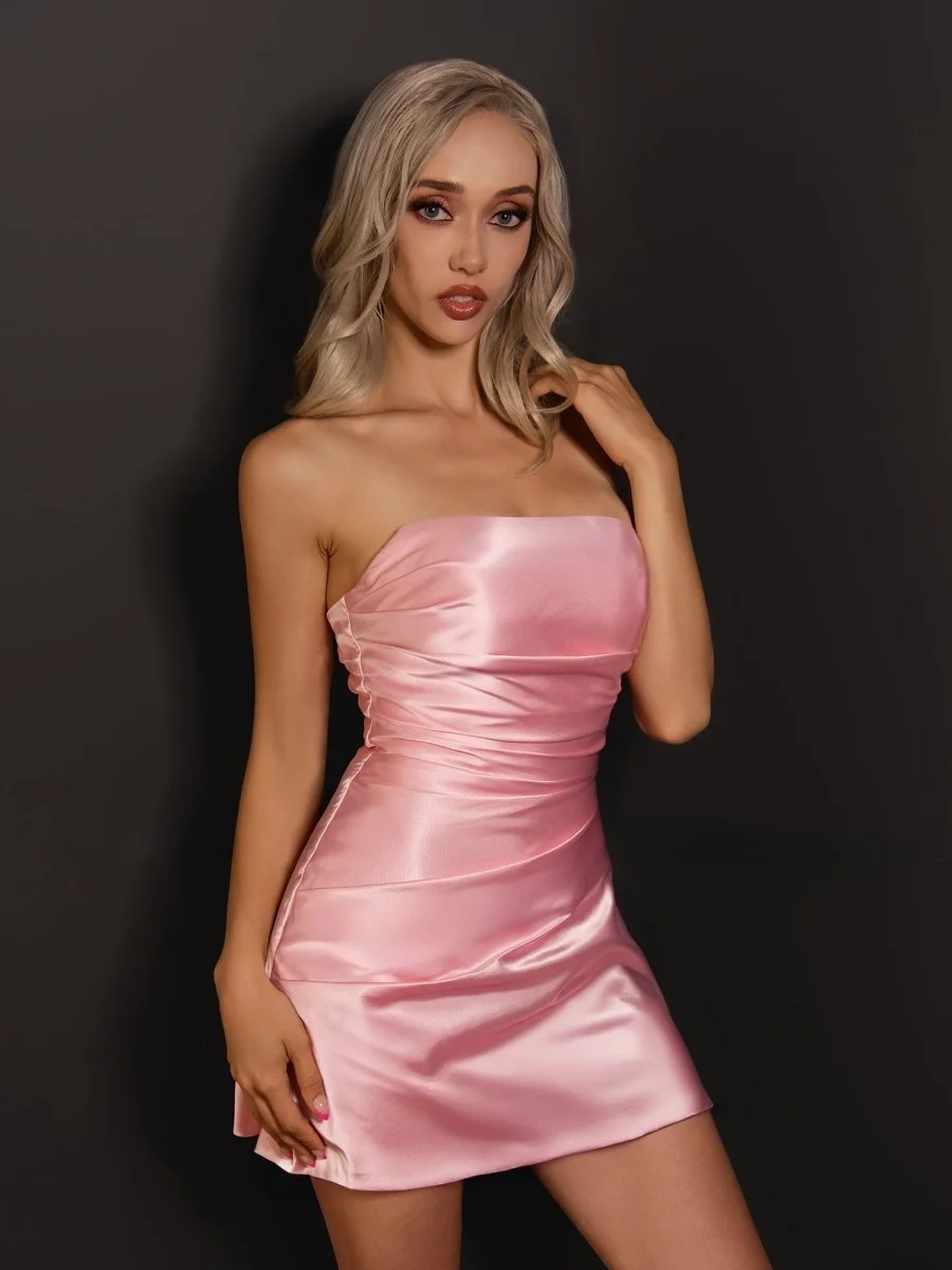 Pink Strapless Satin Sheath Short Homecoming Dress