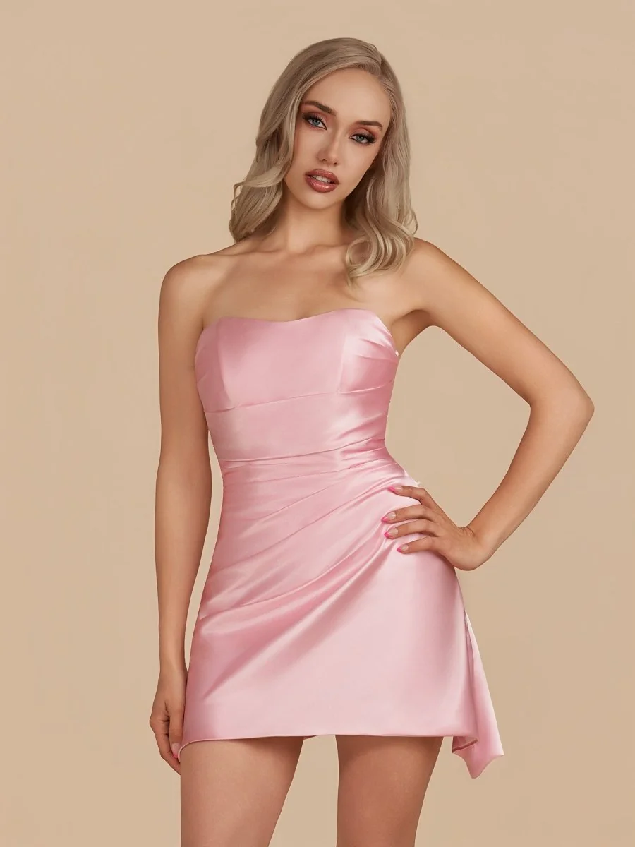 Pink Strapless Satin Sheath Short Homecoming Dress