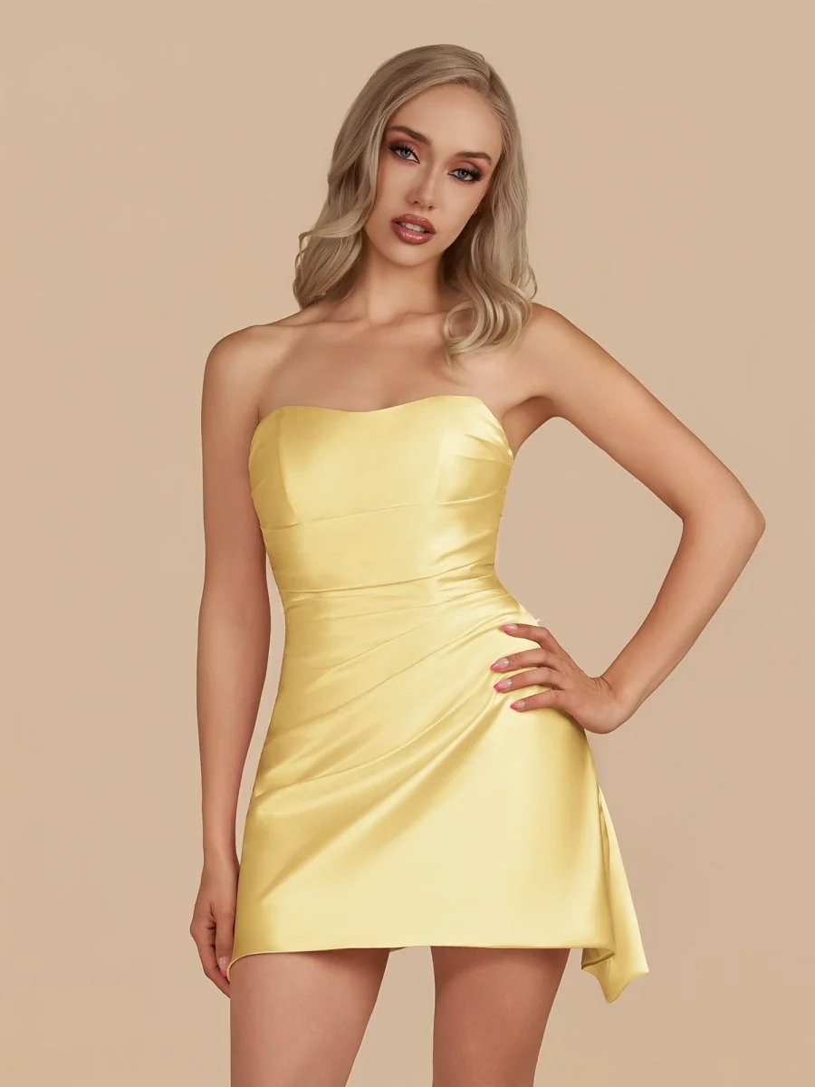 Yellow Strapless Sheath Satin Homecoming Dress