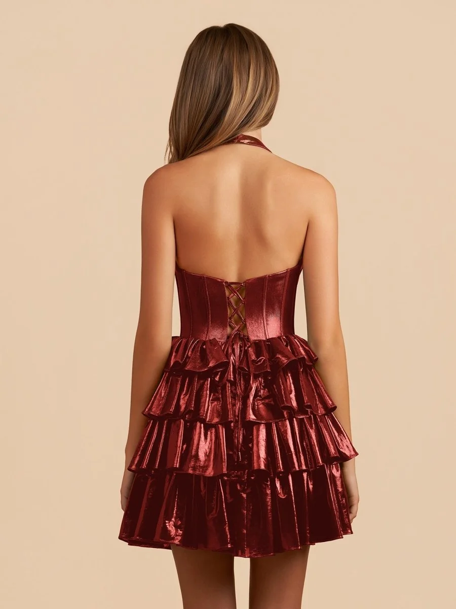 Burgundy Metallic Ruffles Halter A Line Dress with Bow
