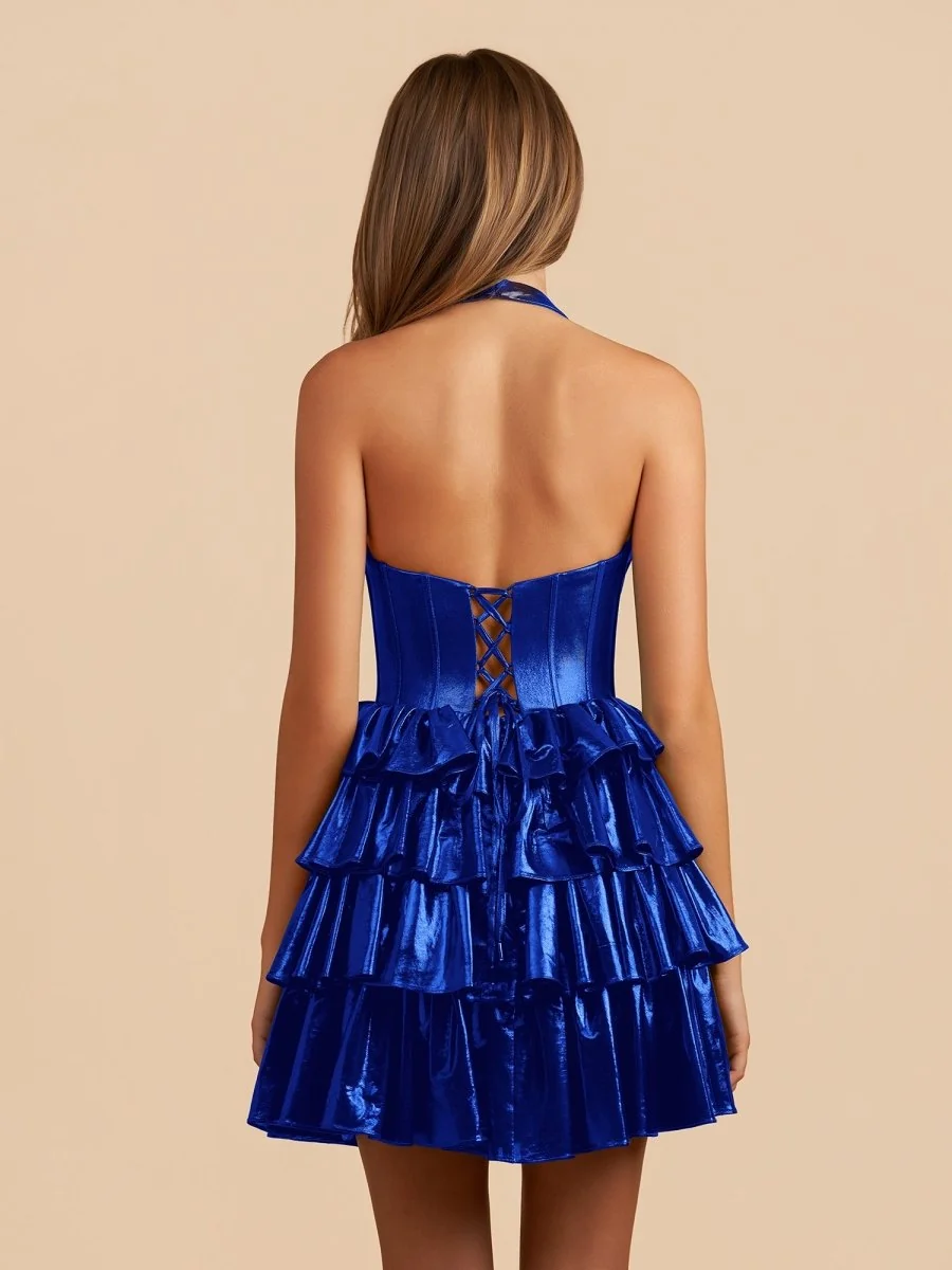 Royal Blue Halter A-Line Metallic Ruffles Dress with Bow