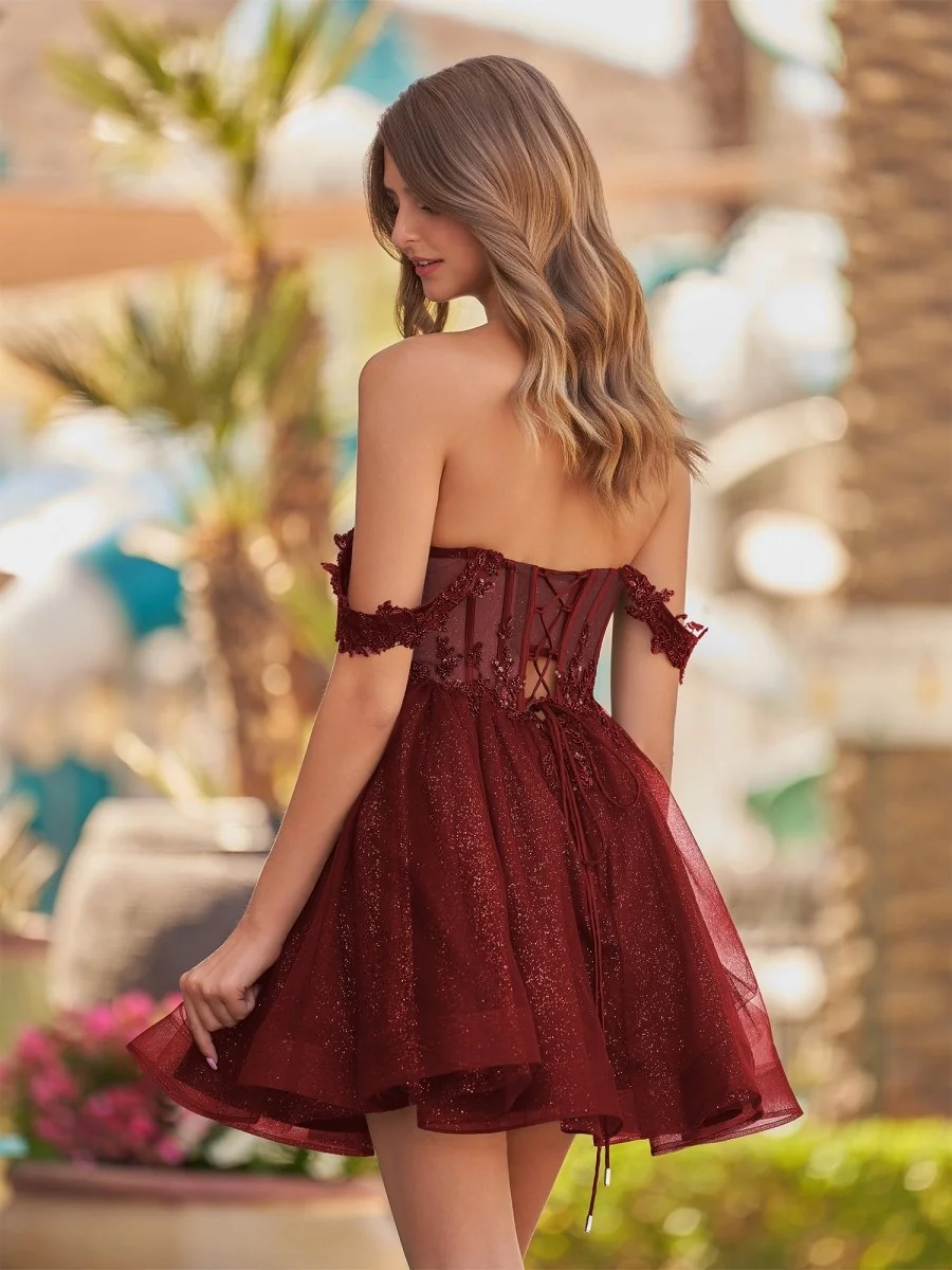 Burgundy Off-the-Shoulder Lace Corset Sequin Homecoming Dress