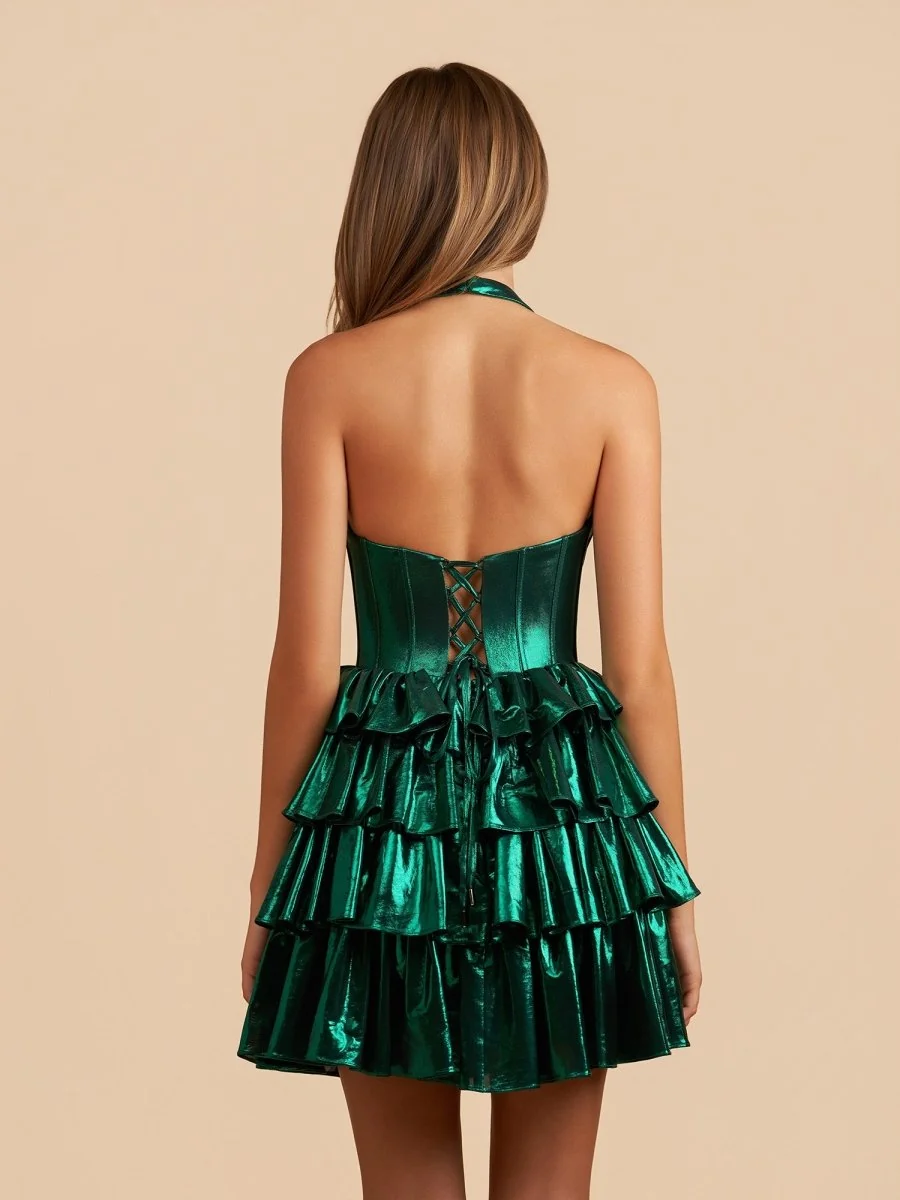 Emerald Metallic Ruffles Halter A-Line Homecoming Dress with Bow