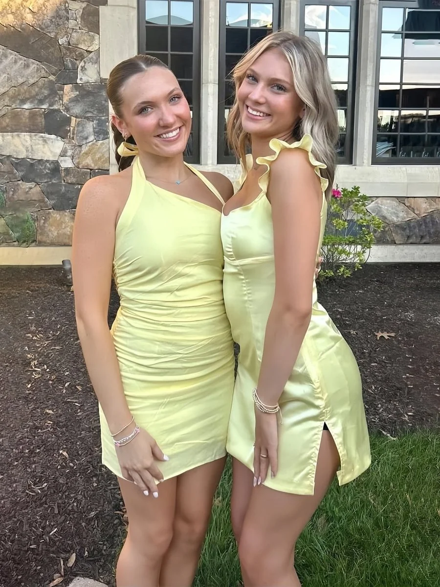 Yellow Satin Sheath Homecoming Minidress with Sweetheart Neckline