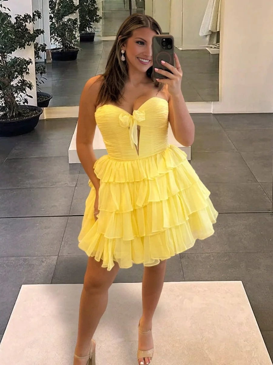 Yellow Strapless A-Line Chiffon Ruffled Cocktail Dress with Bow