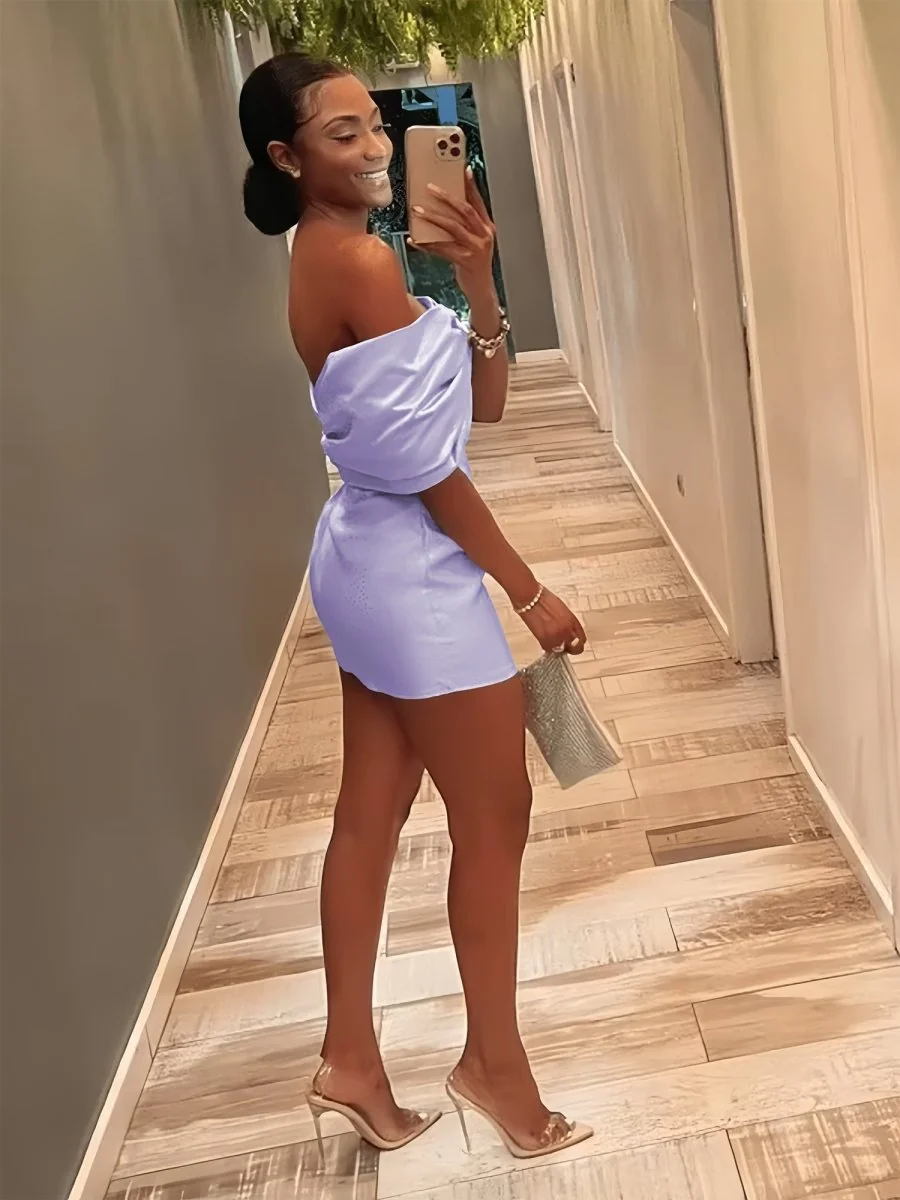 Lavender Satin Off-The-Shoulder Bodycon Homecoming Dress With Beading