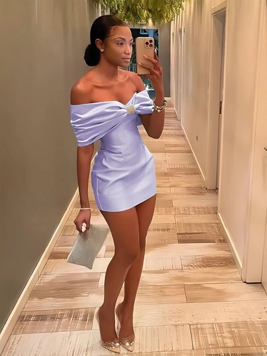 Lavender Satin Off-The-Shoulder Bodycon Homecoming Dress With Beading