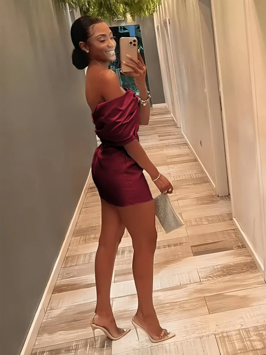 Burgundy Satin Off The Shoulder Bodycon Homecoming Dress