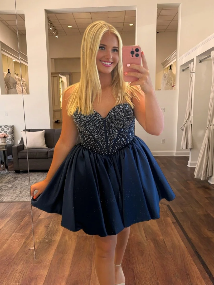 Navy Blue Strapless Satin A-Line Mini Homecoming Dress with Beading